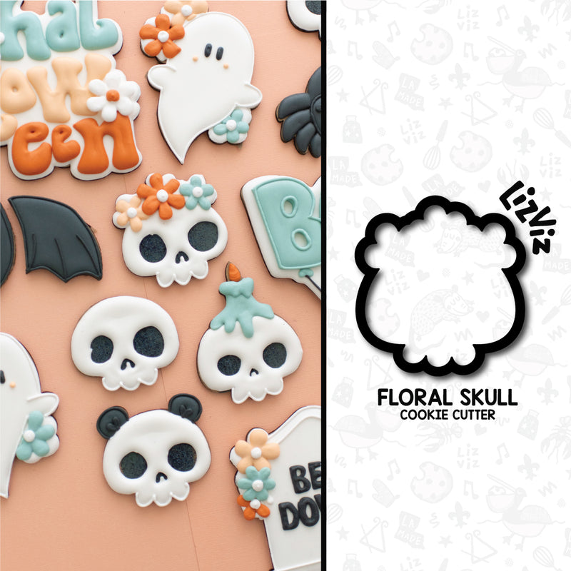 Skull with flower crown cookie cutter. Halloween Cookie Cutter. With Stamp. Groovy Halloween.
