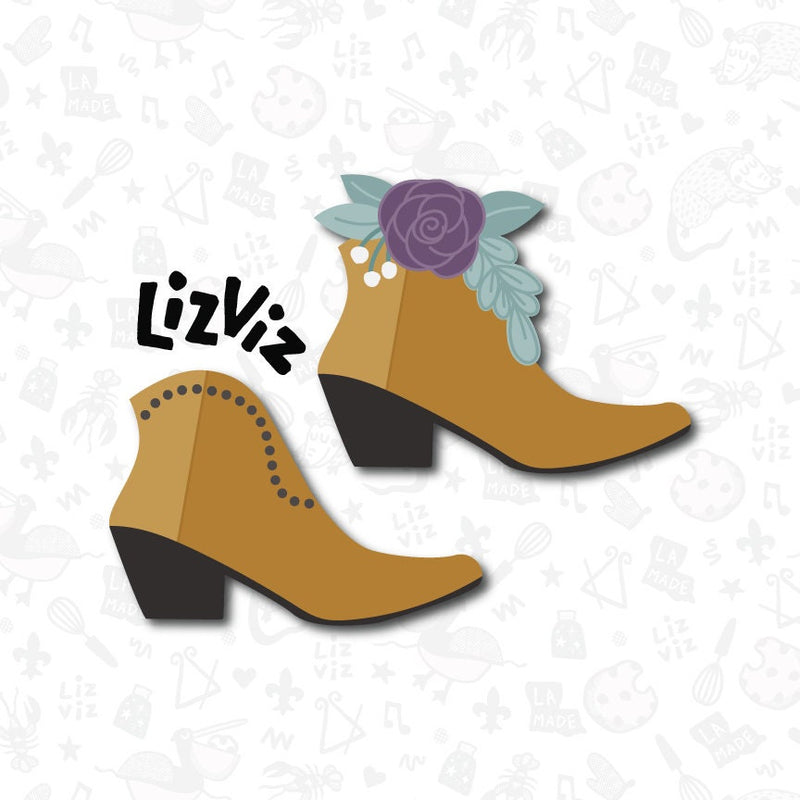 Low Cut Boot Cookie Cutter with floral option. Disco Cowgirl Cookie Cutter.