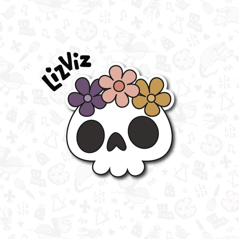 Skull with flower crown cookie cutter. Halloween Cookie Cutter. With Stamp. Groovy Halloween.