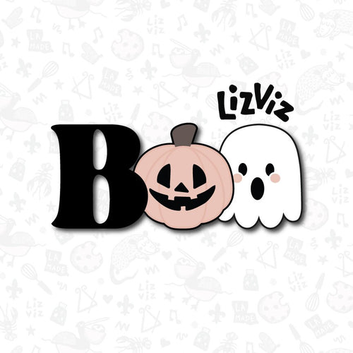 boo cookie cutter with ghost and pumpkin